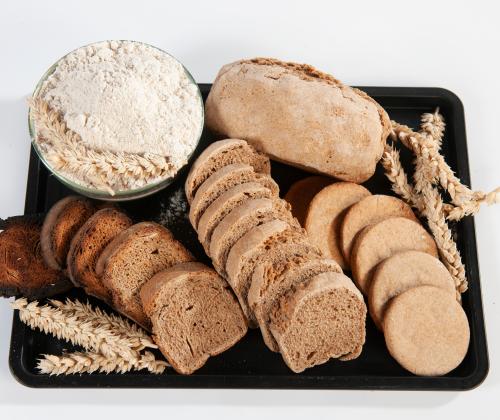 tray with different breads and wheat products on
