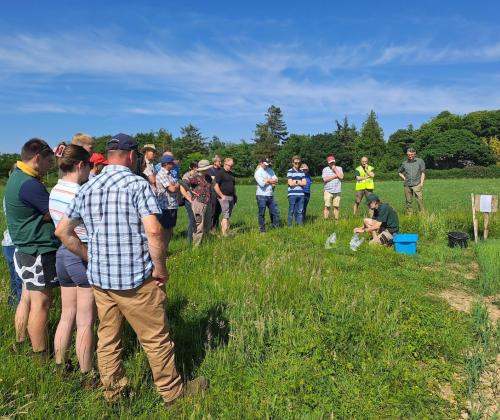 A group of people are standing in a semi circle in a field. They are watching someone demonstrate something in the grass.