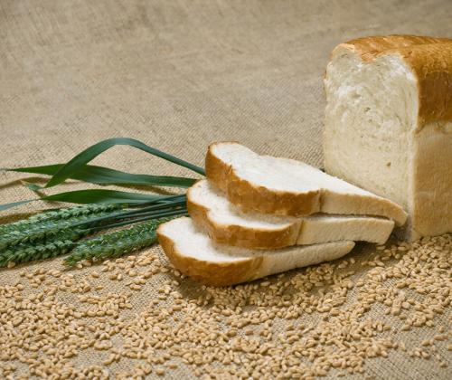 Loaf of bread with wheat plants and grain
