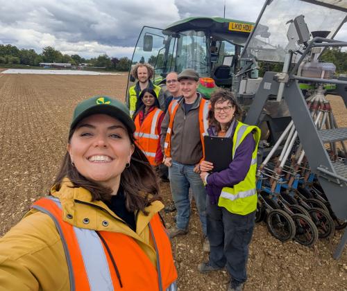 The research team involved in generating and drilling the precision bred Camelina sativa (left to right - Dr Mollie Langdon, Jonah Bubb, Dr Smita Kurup, Dr Peter Eastmond, Jack Wale, Dr Claudia Harflett).